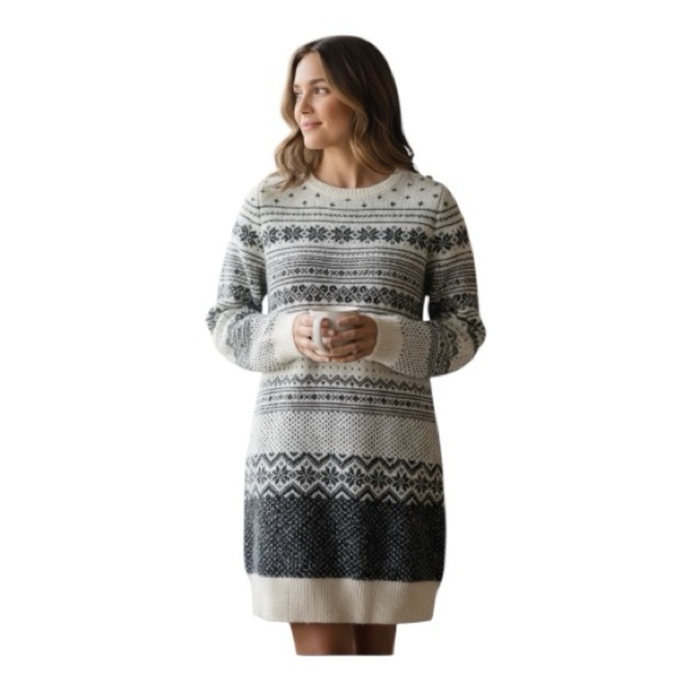 NWT Cupcakes and Cashmere Black & Ivory Fair Isle Snowflake Sweater Dress Large